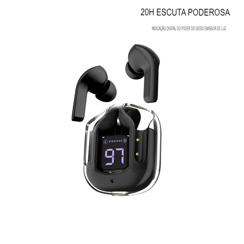 Fone de Ouvido Sem Fio Bluetooth Com Cancelamento de Ruído Alta Fidelidade Estéreo Com Display Digital Case  Transparente