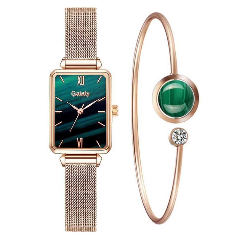 Relógio feminino de malha dourada - mostrador verde esmeralda luxo!