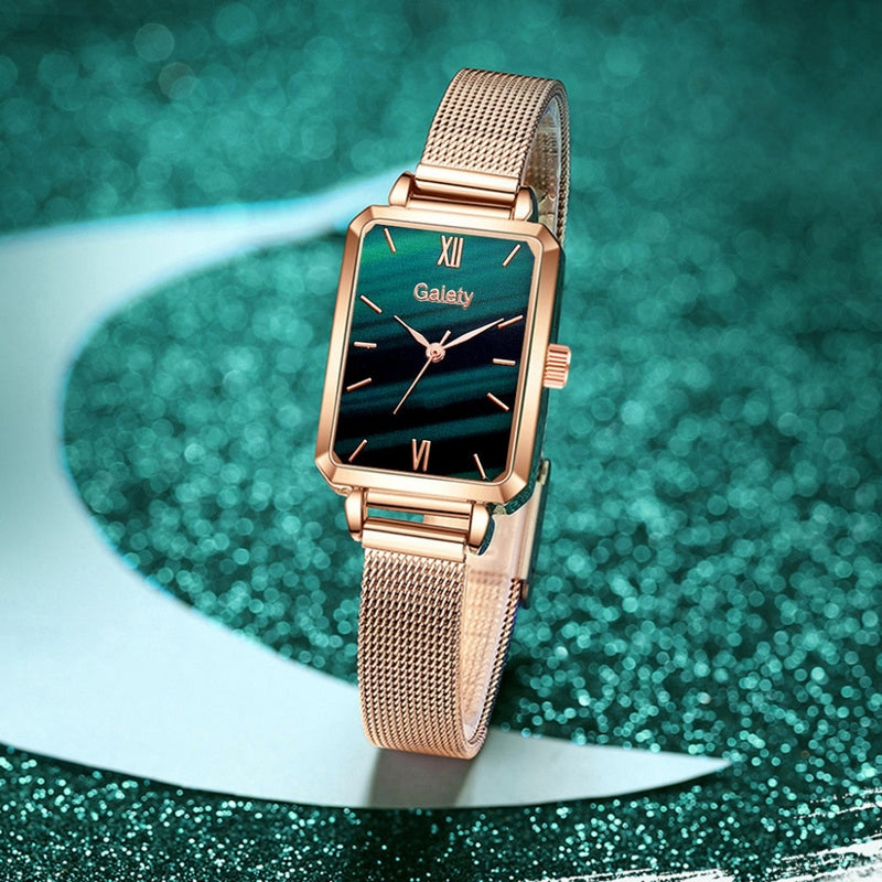 Relógio feminino de malha dourada - mostrador verde esmeralda luxo!